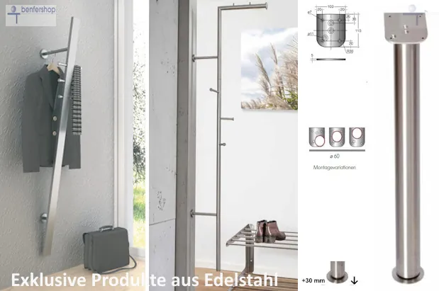Wand- und Standgarderoben, Tischbeine und Kleiderhaken aus Edelstahl.