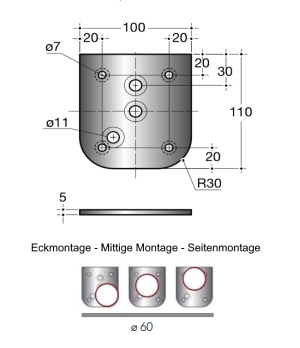 Montageplatte für Edelstahltischbein, Durchmesser 60 mm.