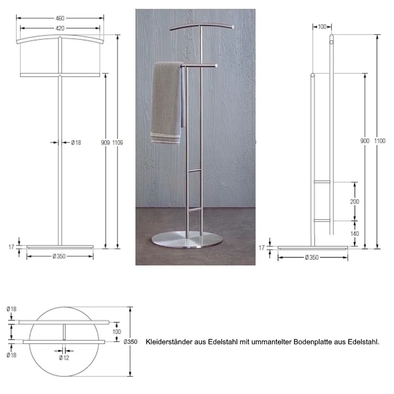 Herrendiener aus Edelstahl mit ummanteter Fußplatte aus Edelstahl, Durchmesser 350 mm.