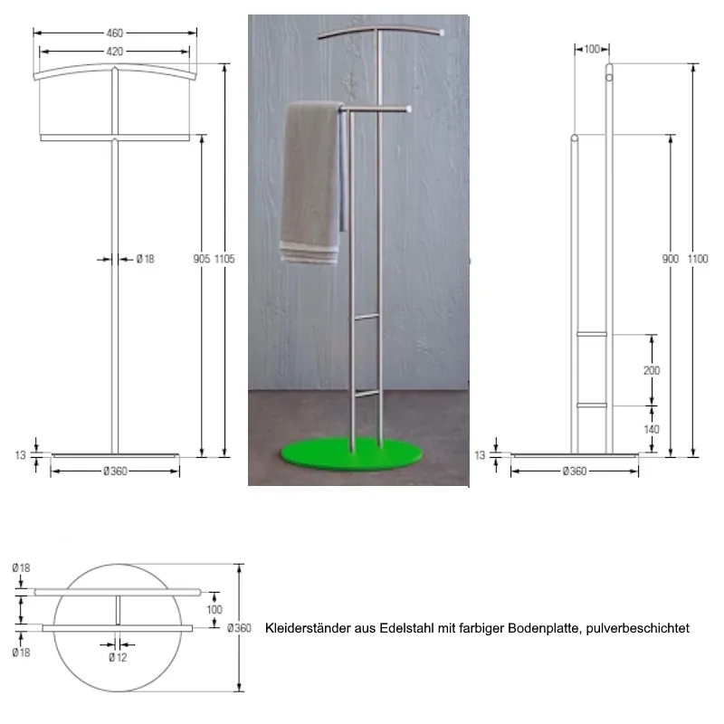 Herrendiener aus Edelstahl mit einer farbigen Fußplattte, pulverbeschichtet, Durchmesser 360 mm.