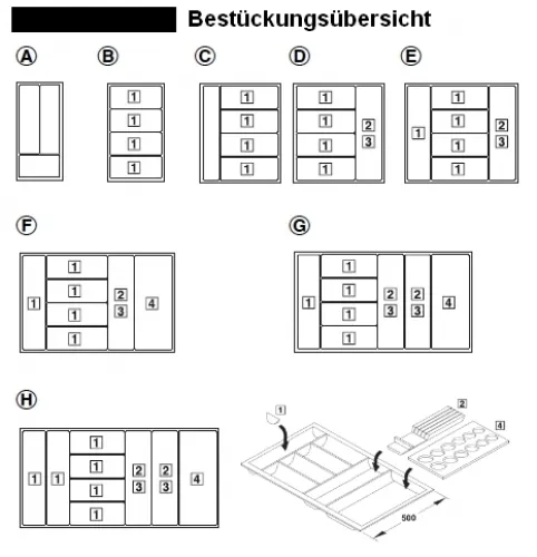 Besteckeinsatz K 600 - mögliche Bestückungen