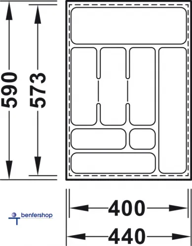 Besteckeinsatz weiß, zuschneidbar, für eine Korpusbreite von 500 mm. Tiefe 573 bis 590 mm.