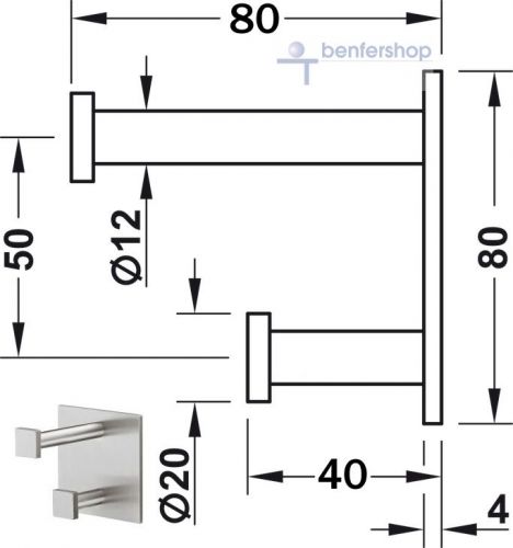 Doppelkleiderhaken aus Edelstahl mit einer quadratischen Befestigungplatte.