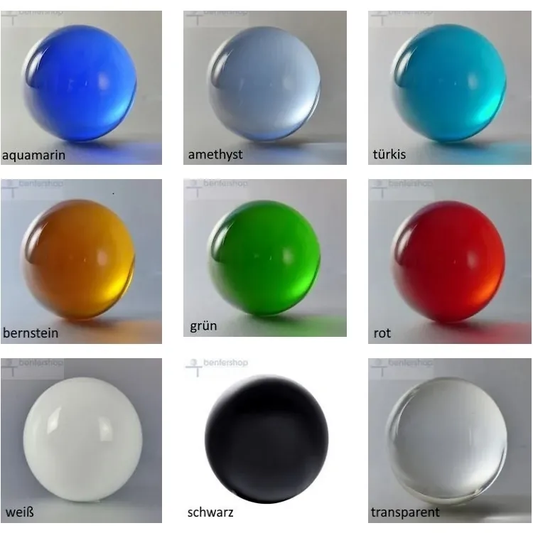 Vollglaskugeln aus Kristallglas, ohne Lufteinschlüsse oder Blasen. Acht verschiedene Farben sowie der Lensball, Glaskugel in Fotoqualität.