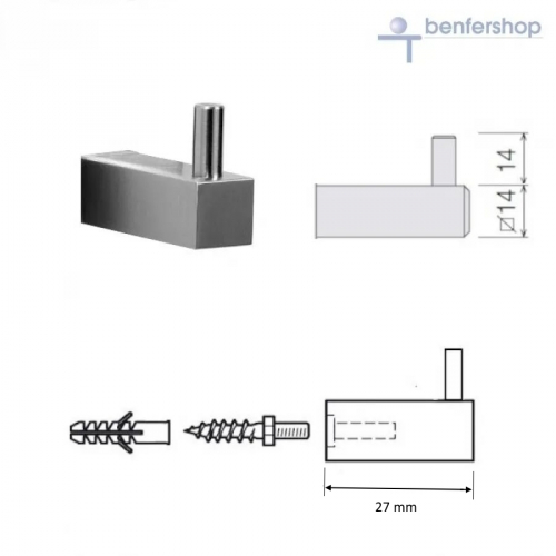Garderobenhaken, Kleiderhaken, eckig aus Edelstahl gebürstet. Wandbefestigung ohne Abdeckrosette möglich, Tiefe 27 mm.