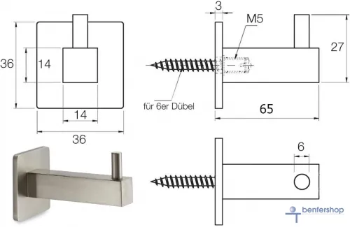 Garderobenhalter, Handtuchhalter aus Edelstahl-matt in eckiger Form, inkl. Schraube und Dübel für die Wandbefestigung, Tiefe 65 mm.