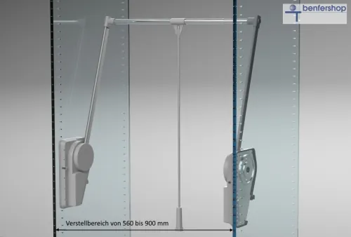 Garderobenlift mit einer Tragkraft von 12 bis 20 kg, einstellbar. Breite 56 bis 90 cm. Kleiderliftfarbe lichtgrau.