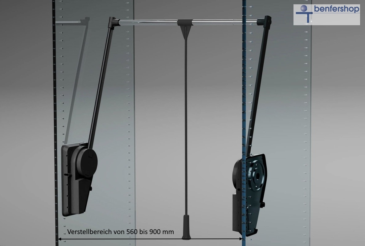 Garderobenlift mit einer Tragkraft von 12 bis 20 kg, einstellbar. Breite 56 bis 90 cm. Kleiderliftfarbe schwarz.