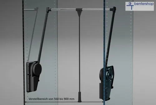 Garderobenlift mit einer Tragkraft von 12 bis 20 kg, einstellbar. Breite 56 bis 90 cm. Kleiderliftfarbe schwarz.