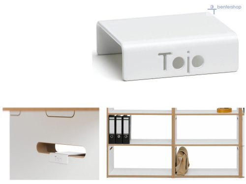 tojo - Hochstapler - Stapelregal. Befestiungsclip für die seitliche Anordnung, Oberfläche weiß.