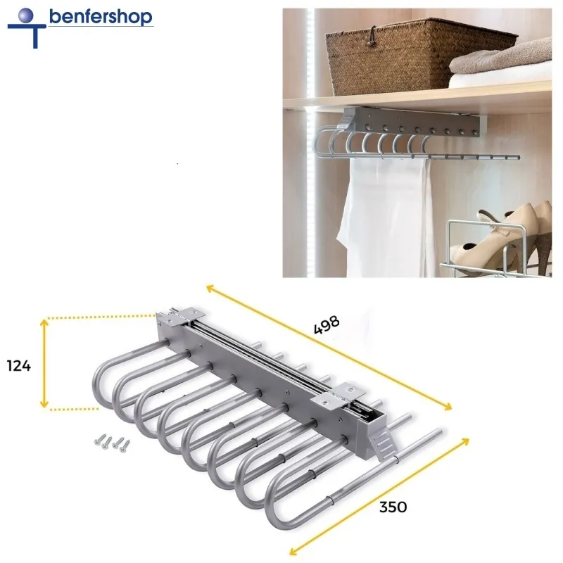 usziehbarer Hosenhalter mit acht Hosenbügeln, Oberfläche silberfarbig.