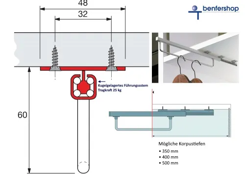 Kleiderbügelauszug mit kugelgelagertem Führungssystem, Tragkraft 25 kg.