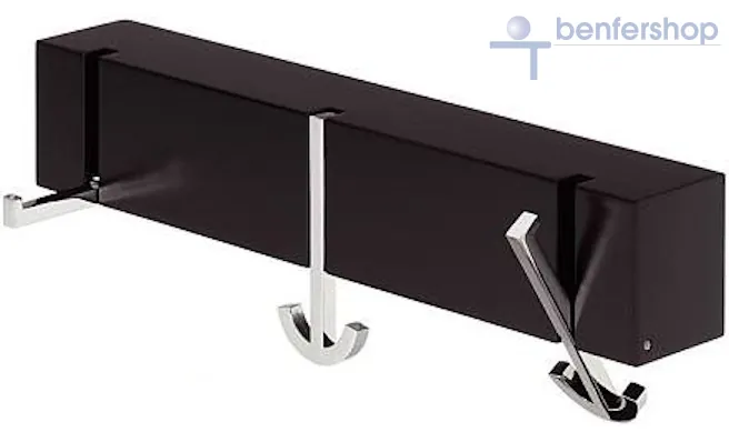 Wandgarderobe mit schwenkbaren Doppelhaken, bzw Kleiderbügelhaltern, Oberfläche schwarz.