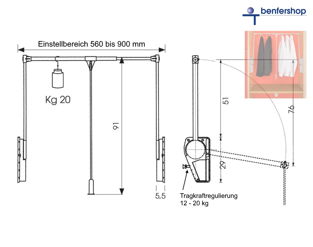 Kleiderlift für eine innere Schrankbreite von 560 bis 900 mm. Tragkraft und Neigungswinkel der Schwenkarme des Garderobenliftes einstellbar. Belastbarkeit von 12 bis 20 kg.