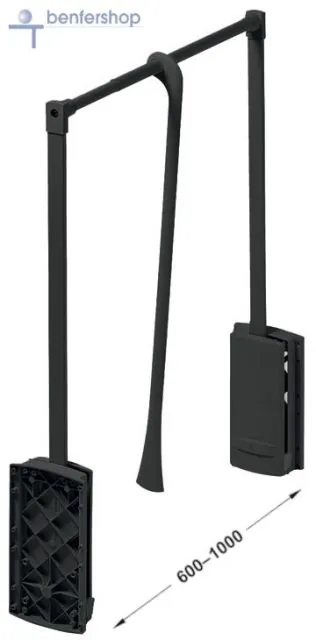 Garderobenlift für Kleideschränke mit einem lichten Maß von 60 bis 100 cm, Teleskop-Kleiderstange, Arm und Gehäuse, Oberfläche schwarz.
