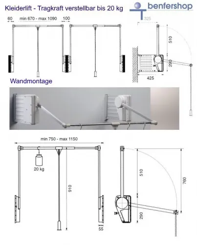 Kleiderlift für die Wandmontage - Tragkraft einstellbar von 12 - 20 kg