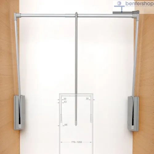 Garderobenlifter, Breite von 77 bis 120 cm, Tragkraft 10 kg, Oberflächen grau.