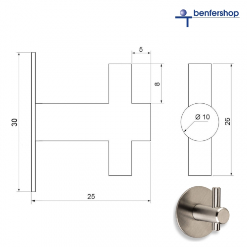 Mantelhaken aus gebürstem Edelstahl mit durchgehendem Hakenstift, Länge 25 mm.