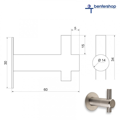 Wandgarderobe, Garderobenhalter, Edelstahl-matt mit durchgehendem Kleiderhaken, Länge 60 mm.