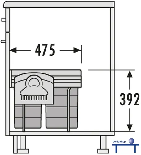 Aballsammler als Vollauszug mit drei Müllbehältern, Einbautiefe 475 mm