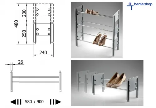 Schuhregal, Seitenteile aus Kunststoff.grau. Teleskoprohre für die Unterbringung von Schuhen aus Metall.