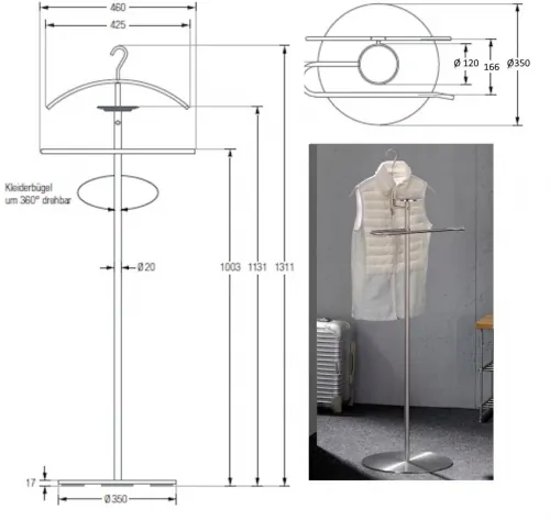 Stummer Diener aus Edelstahl, drehbar, Höhe 131 cm, inkl. abnehmbarem Kleiderbügel, Anlageschale und Hosenbügel. STANDFUSS AUS EDELSTAHL, Durchmesser 35 cm.