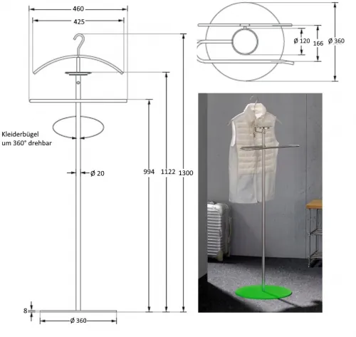 Stummer Diener aus Edelstahl, drehbar, Höhe 130 cm, inkl. abnehmbarerem Kleiderbügel, Anlageschale und Hosenbügel. STANDFUSS FARBIG - PULVERBESCHICHTET, Durchmesser 36 cm.