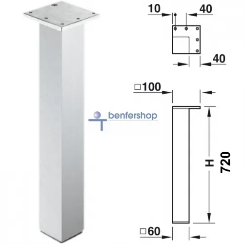 Tischbein 60x60 mm, Edelstahloptik, Höhe 720 mm, Eckmontage
