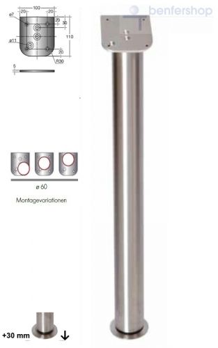 Edelstahl-Tischbein, Durchmesser 60 mm mit Tellerfuß 80 mm, höhenverstellbar plus 30 mm.