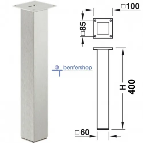 Tischfuss 60x60 mm, Edelstahloptik, Höhe 400 mm, Mittige Montage unter der Befestigungsplatte.
