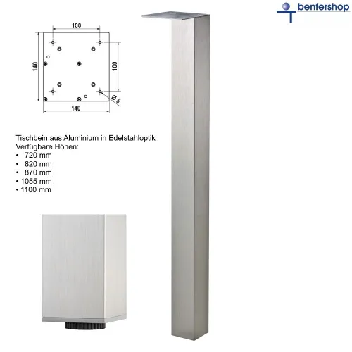 Tischfuss, Thekenbein aus Aluminium in Edelstahloptik, 80 x 80 mm. 5 auswählbare Längen.