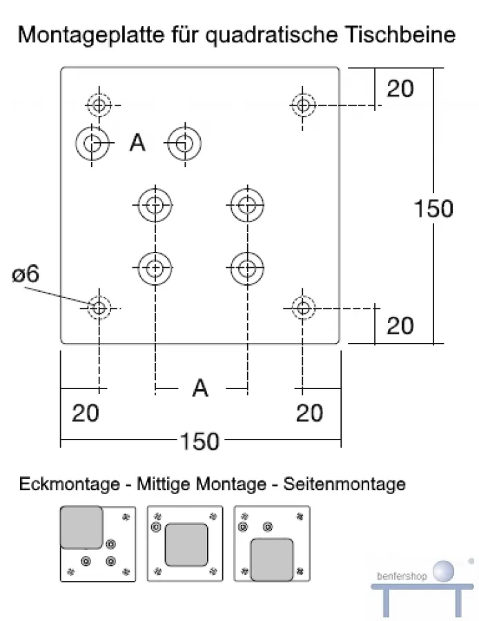 Befestigungsplatte, 80er Tischbein, für Eck-Seiten- oder mittige Montage