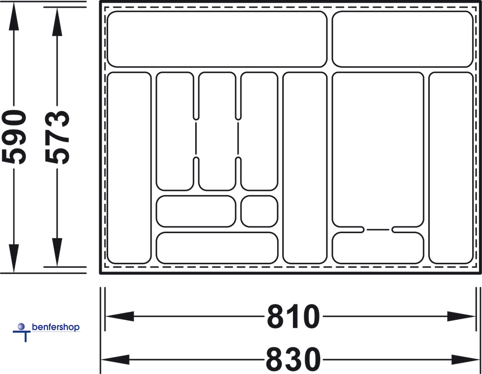 Besteckeinsatz schwarz, zuschneidbar, für eine Korpusbreite von 900 mm. Tiefe 573 bis 590 mm.