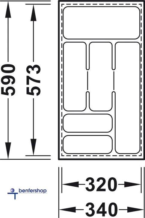 Besteckeinsatz weiß, zuschneidbar, für eine Korpusbreite von 400 mm. Tiefe 573 bis 590 mm.