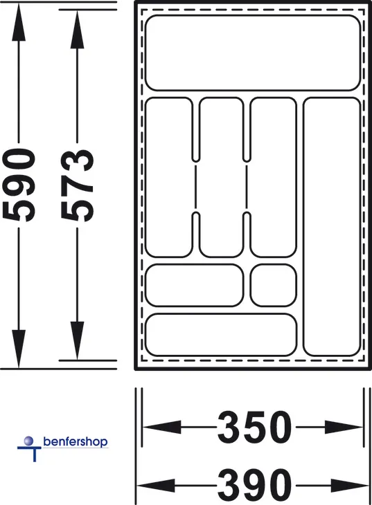 Besteckeinsatz weiß, zuschneidbar, für eine Korpusbreite von 450 mm. Tiefe 573 bis 590 mm.