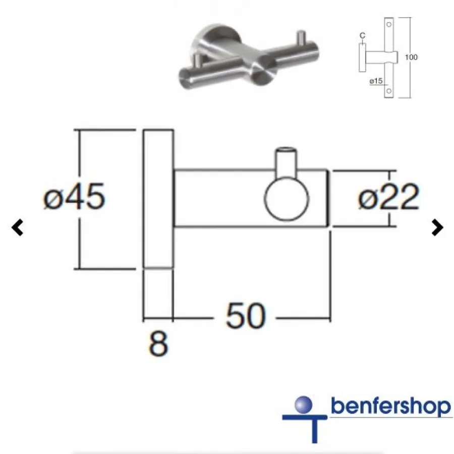 Doppel-Wandhaken aus Edelstahl | Tiefe: 50 mm | Breite: 100 mm