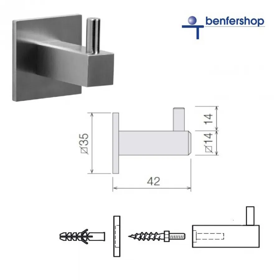 Garderobenhalter, Handtuchhalter aus Edelstahl-matt in eckiger Form, inkl. Schraube und Dübel für die Wandbefestigung.