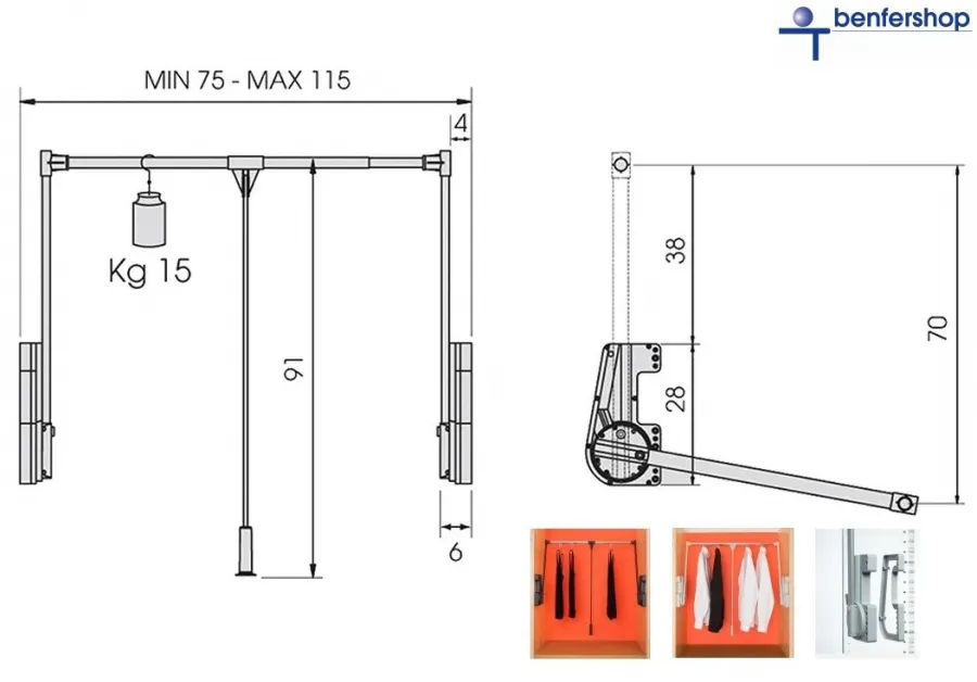 Garderobenlift, Tragkraft 15 kg - Montagemaße