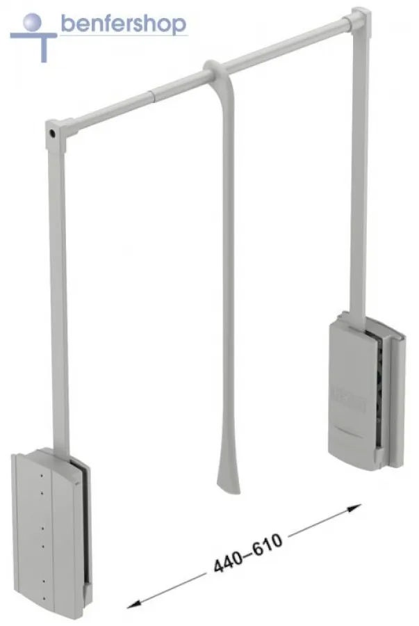 Garderobenlift für Kleideschränke mit einem lichten Maß von 44 bis 61 cm, Teleskop-Kleiderstange, Arm und Gehäuse, Oberfläche grau.