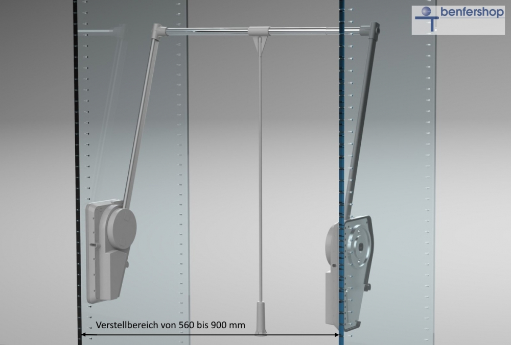 Garderobenlift mit einer Tragkraft von 12 bis 20 kg, einstellbar. Breite 56 bis 90 cm. Kleiderliftfarbe lichtgrau.