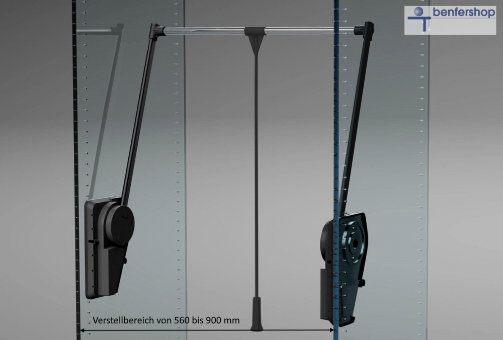 Garderobenlift mit einer Tragkraft von 12 bis 20 kg, einstellbar. Breite 56 bis 90 cm. Kleiderliftfarbe schwarz.