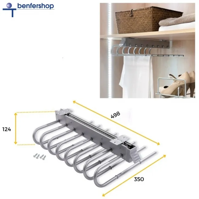 usziehbarer Hosenhalter mit acht Hosenbügeln, Oberfläche silberfarbig.