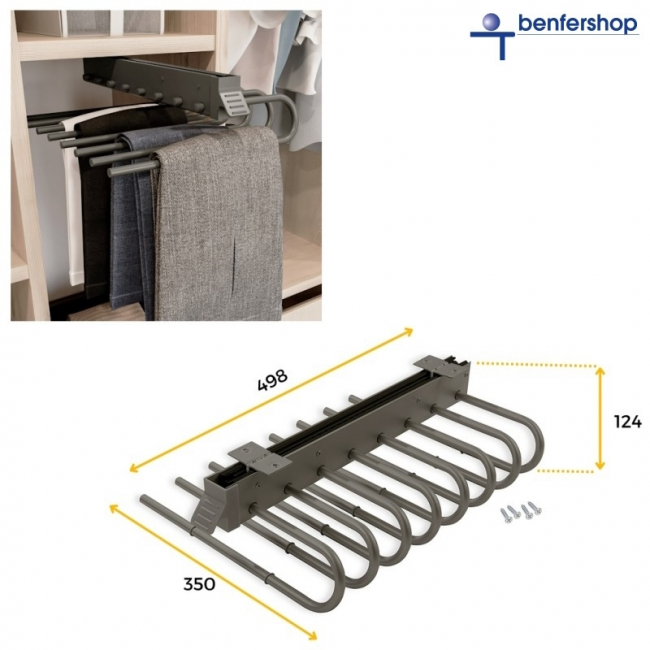 usziehbarer Hosenhalter mit acht Hosenbügeln, Oberfläche titan-anthrazit. usziehbarer Hosenhalter mit acht Hosenbügeln, Oberfläche titan-anthrazit.