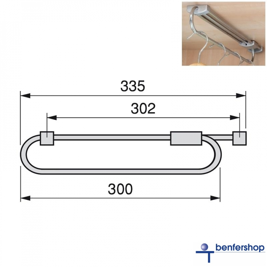 Ausziehbarer Kleiderbügelhalter bis zu einer Kleiderschrank- oder Garderobentiefe von 300 mm.