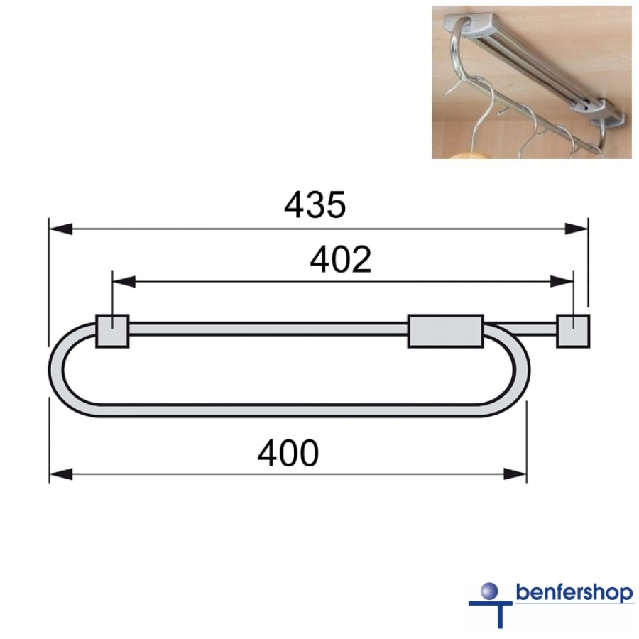 Ausziehbarer Kleiderbügelhalter bis zu einer Schrank- oder Garderobentiefe von 400 mm.