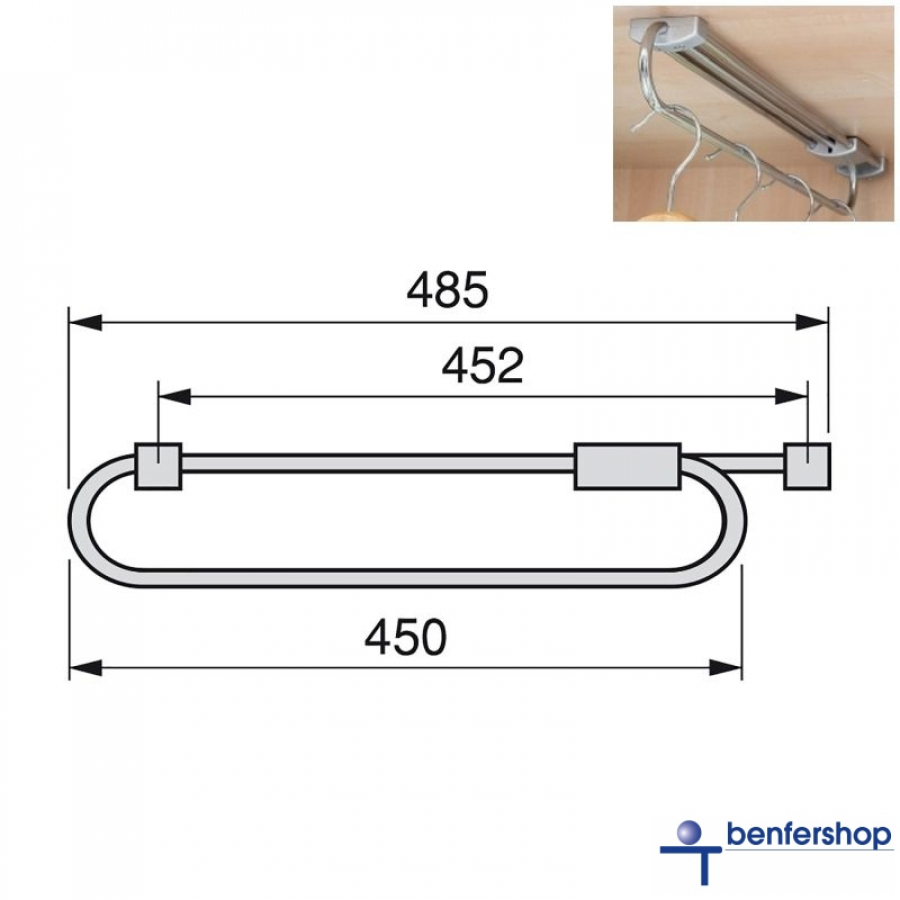 Ausziehbarer Kleiderbügelhalter bis zu einer Schrank- oder Garderobentiefe von 450 mm.