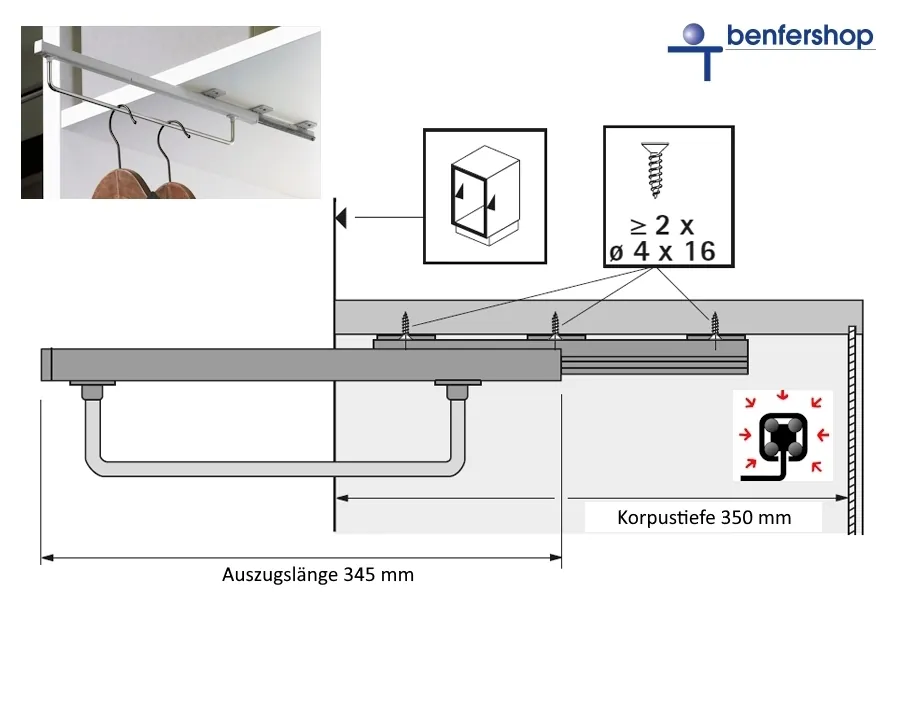 Kleiderbügelauszug, kugelgelagertes Führungsssystem, Tragkraft 25 kg. Korpustiefe 350 mm.