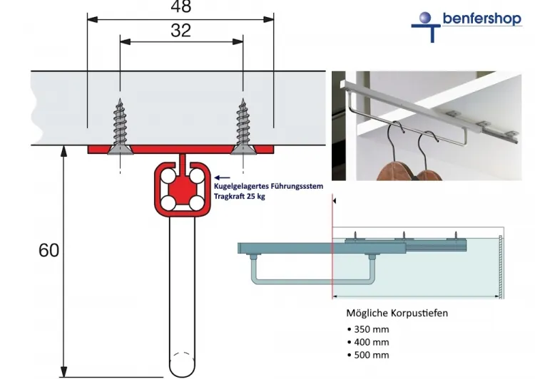 Kleiderbügelauszug mit kugelgelagertem Führungssystem, Tragkraft 25 kg.