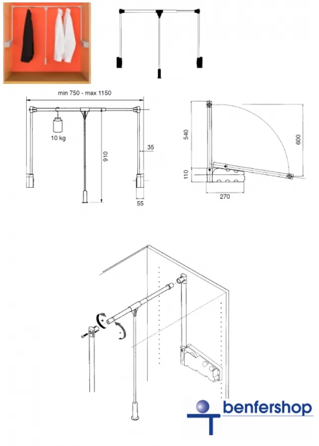 Kleiderlift 10 kg - Breite: 75 bis 115 cm