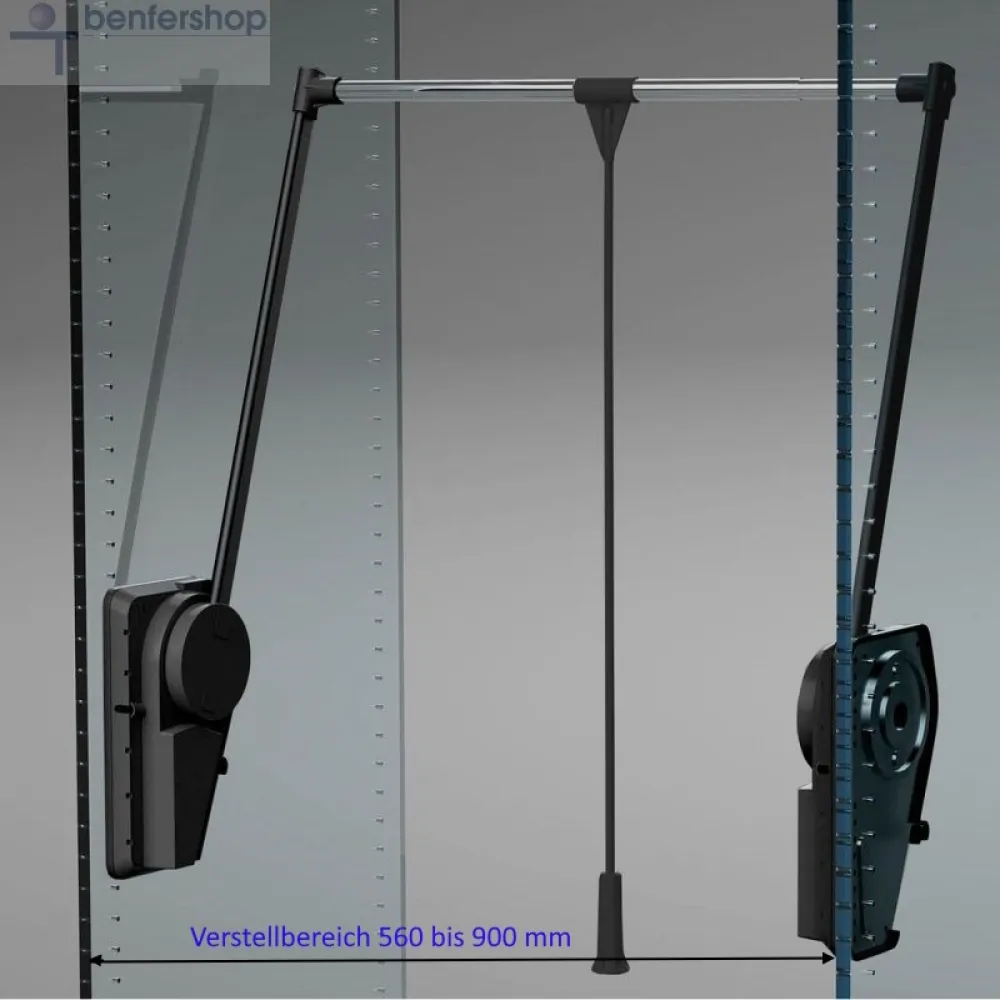 Kleiderlift mit Gewichtseinstellung von 12 bis 20 kg. Breitenverstellung von 56 bis 90 cm. Oberfläche, Farbe schwarz.